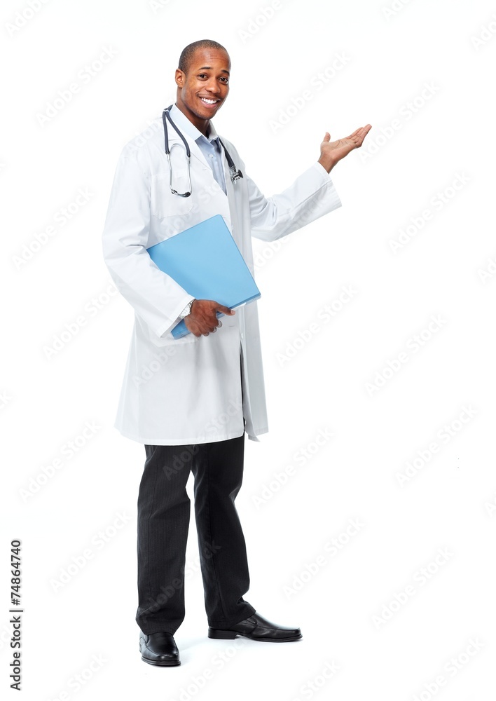 African-American doctor man presenting copyspace. African-American doctor man presenting copyspace.