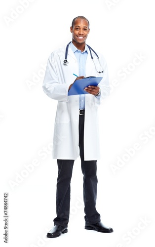 African american doctor writing prescription.