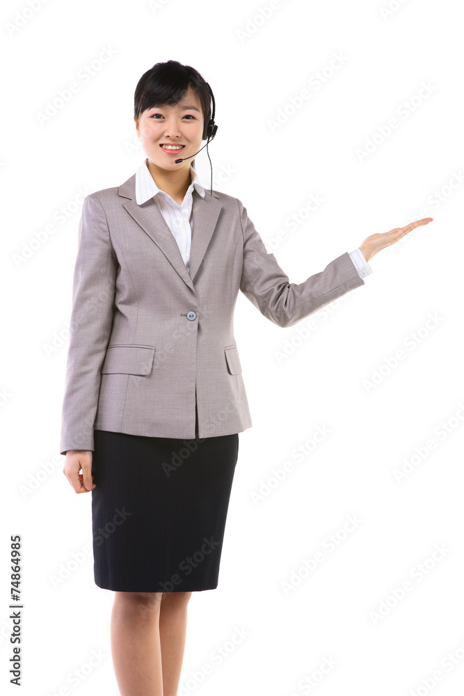 서서 제스처를 취하는 전화 고객센터 컨설턴트 서서 제스처를 취하는 전화 고객센터 컨설턴트