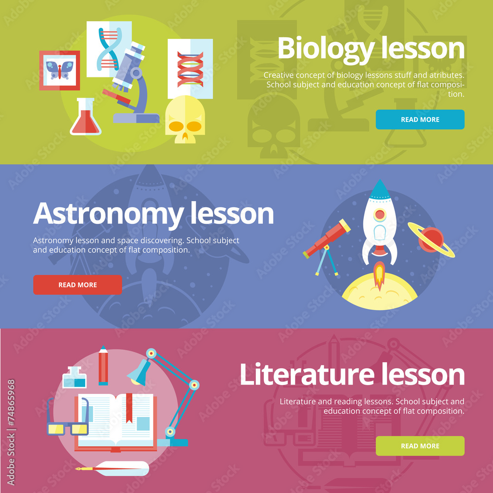 Flat design concepts for biology, astronomy, literature lessons.