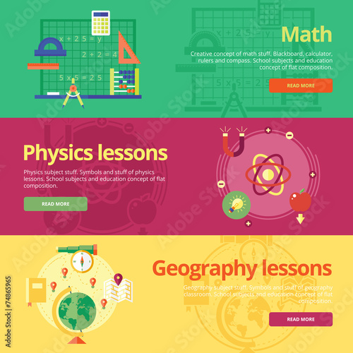 Set of flat design concepts for math, physics, geography.