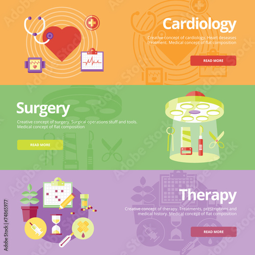 Set of flat design concepts for cardiology, surgery, therapy.