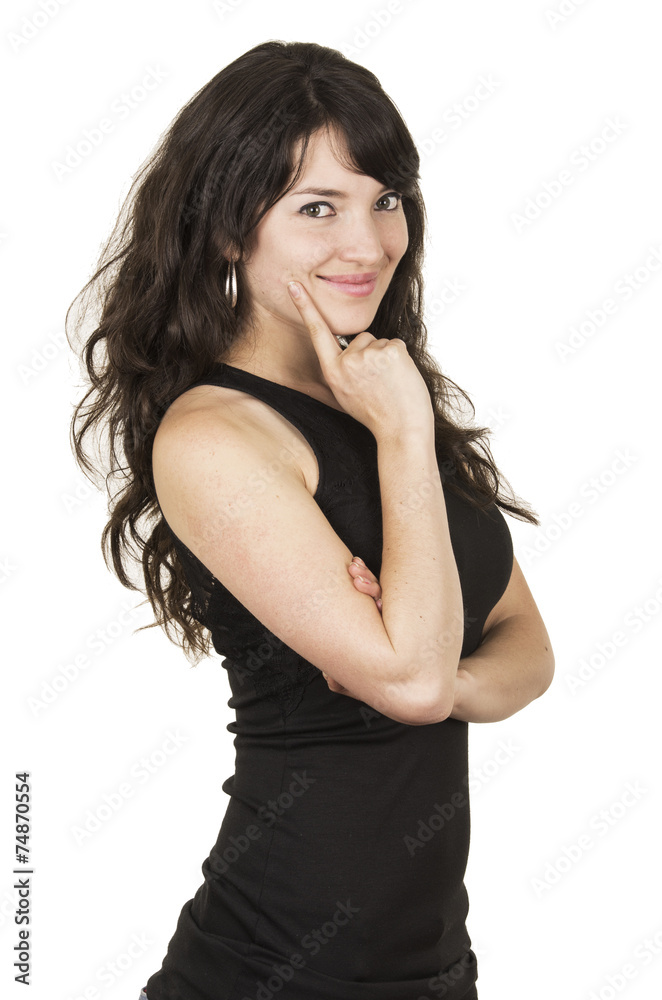 beautiful young brunette woman with black top posing crossing beautiful young brunette woman with black top posing crossing