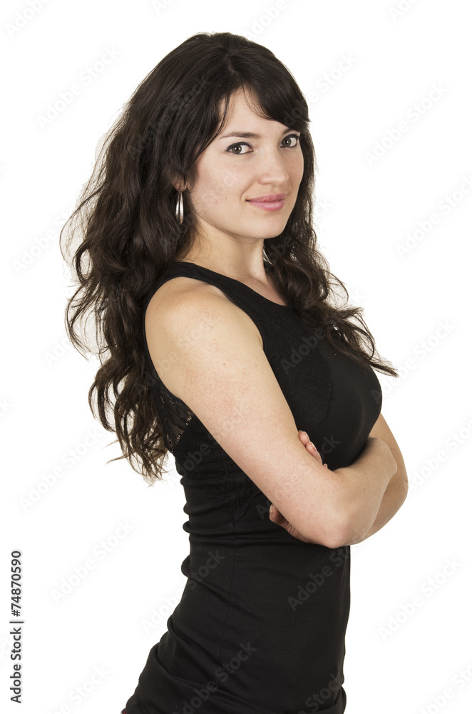 beautiful young brunette woman with black top posing crossing beautiful young brunette woman with black top posing crossing
