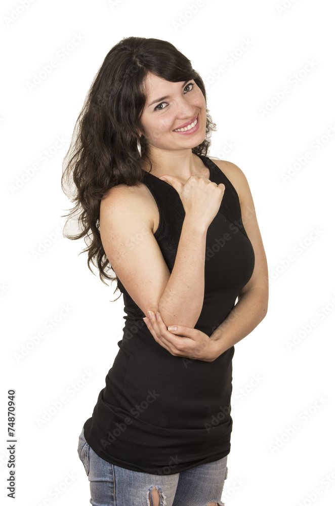 beautiful young brunette woman wearing black top posing with beautiful young brunette woman wearing black top posing with
