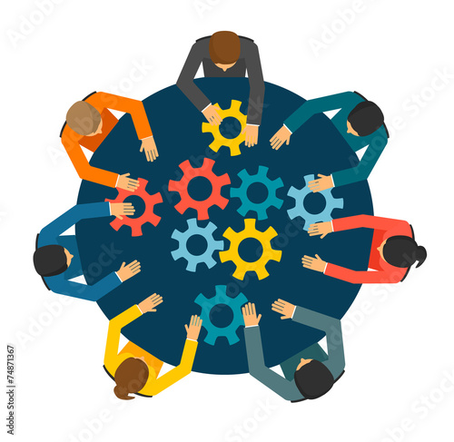 Group of BusinessPeople joining together gears on the table, tea