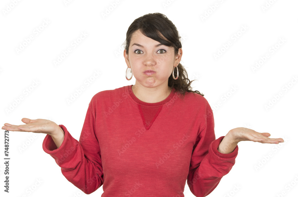pretty young girl wearing red top posing blowing her cheeks pretty young girl wearing red top posing blowing her cheeks