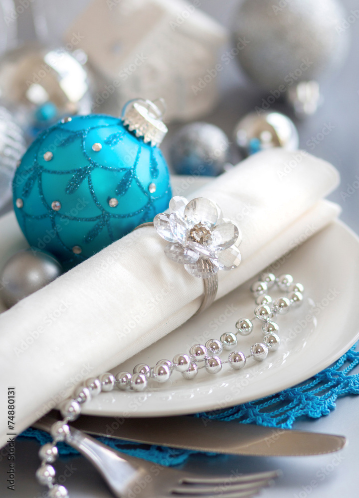 Turquoise blue and silver Christmas Table Setting Turquoise blue and silver Christmas Table Setting