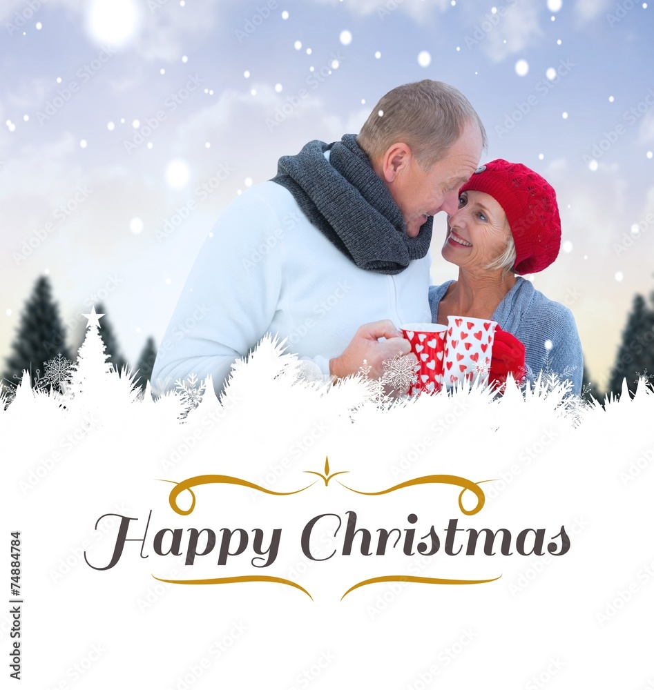Composite image of mature couple holding mugs Composite image of mature couple holding mugs