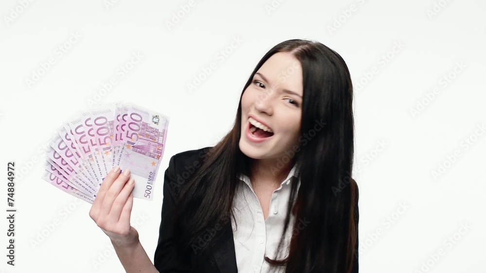 Business woman showing fan of euro cash money Business woman showing fan of euro cash money