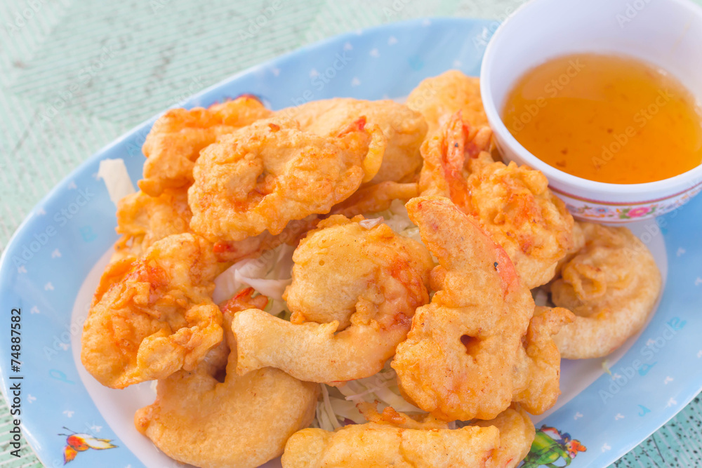 fried shrimp meat ball with sweet sauce on wooden table fried shrimp meat ball with sweet sauce on wooden table