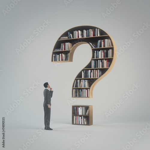 Man chooses and question mark with books