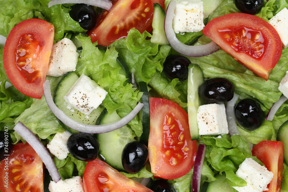 Griechischer Salat Hintergrund mit Tomaten, Feta Käse und Olive Griechischer Salat Hintergrund mit Tomaten, Feta Käse und Olive
