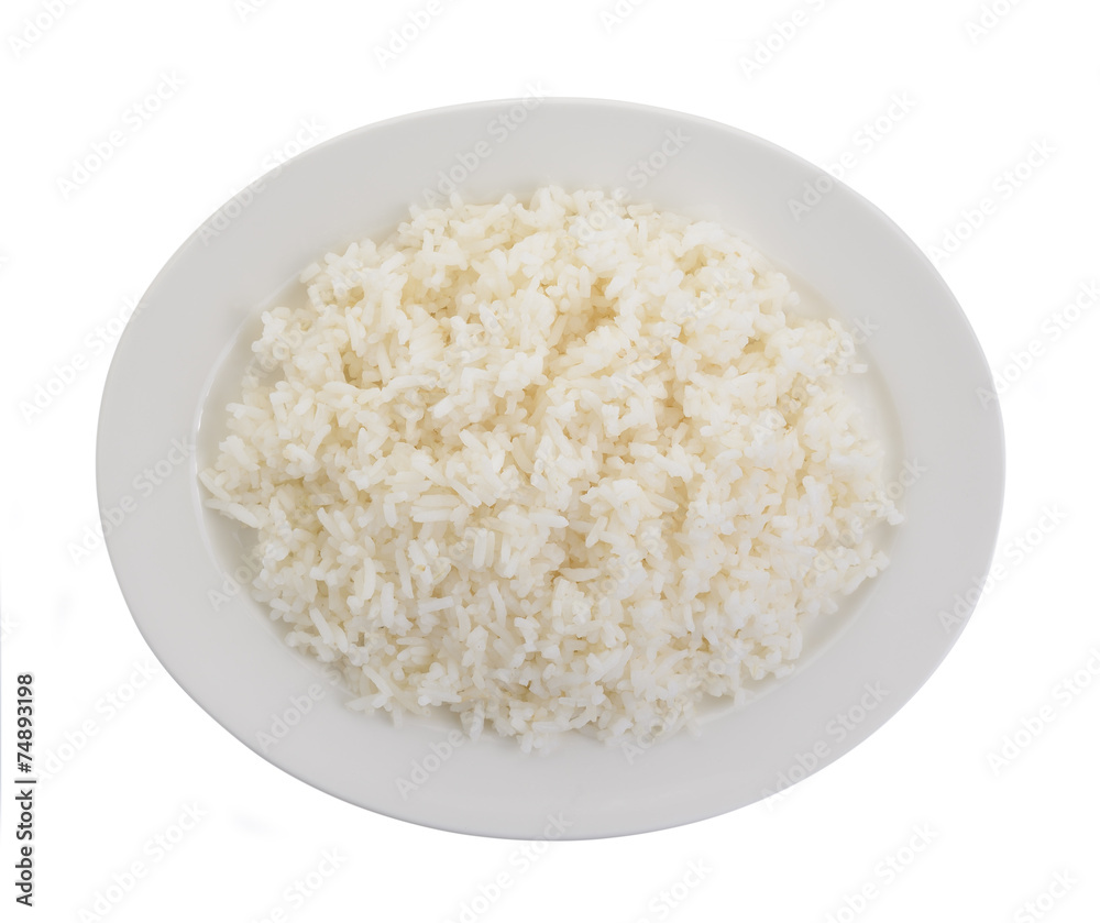 Cooked rice in a white plate on white background Cooked rice in a white plate on white background