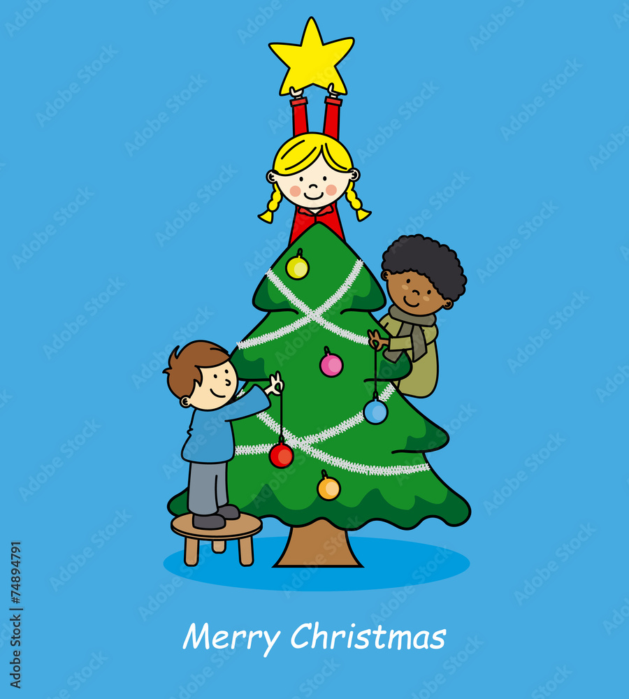 Christmas card. Children decorating christmas tree Christmas card. Children decorating christmas tree