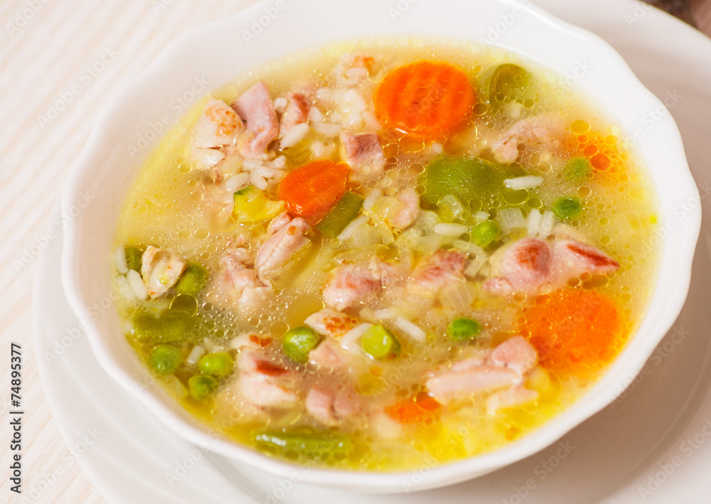 soup with meat, vegetables and rice