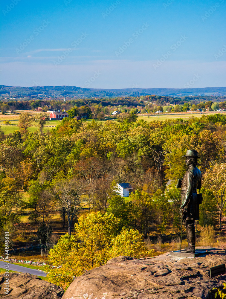 Statue and view battlefields from Little Round Top, in  Gettysbu