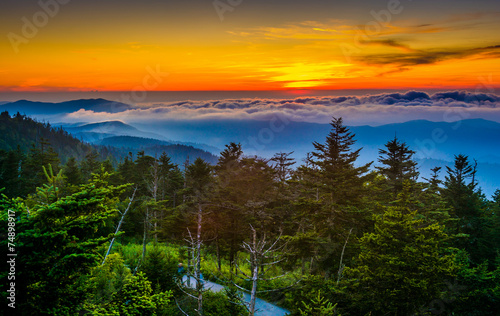 Sunset over mountains and fog from Clingman's Dome Observation T