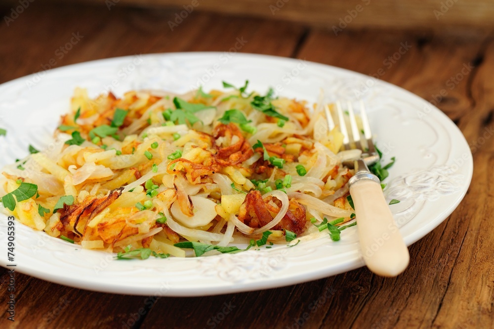 Fried potatoes on white plate with fork Fried potatoes on white plate with fork