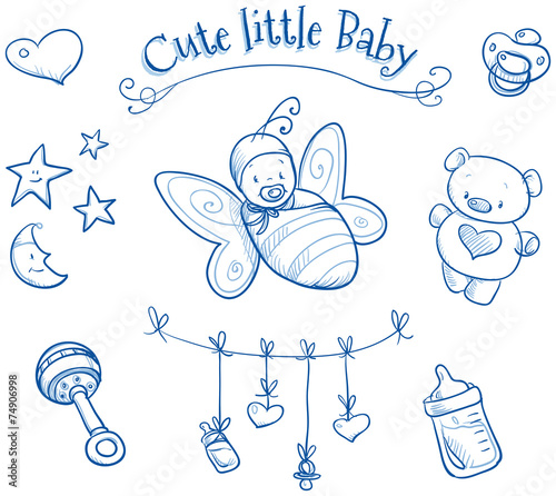 Baby shower. Cute Baby in butterfly costume, icons, hand drawn