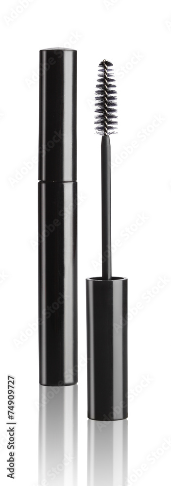 Black mascara with eyelash brush isolated on white Black mascara with eyelash brush isolated on white