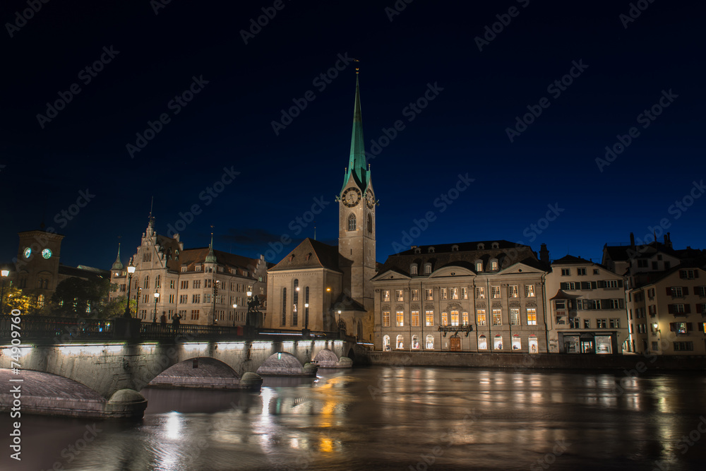 Limmat river and famous Zurich churches Limmat river and famous Zurich churches