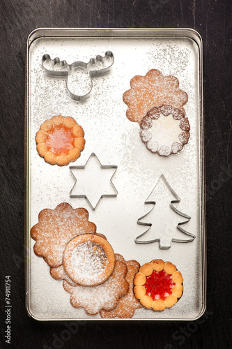 Christmas cookies and cookies cutters. Christmas baking concept.