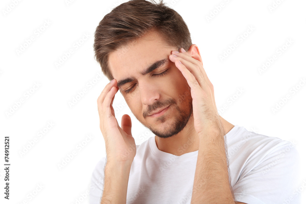 Young men have headache isolated on white Young men have headache isolated on white