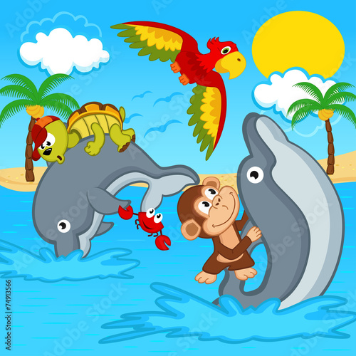 animals riding on dolphins - vector illustration, eps