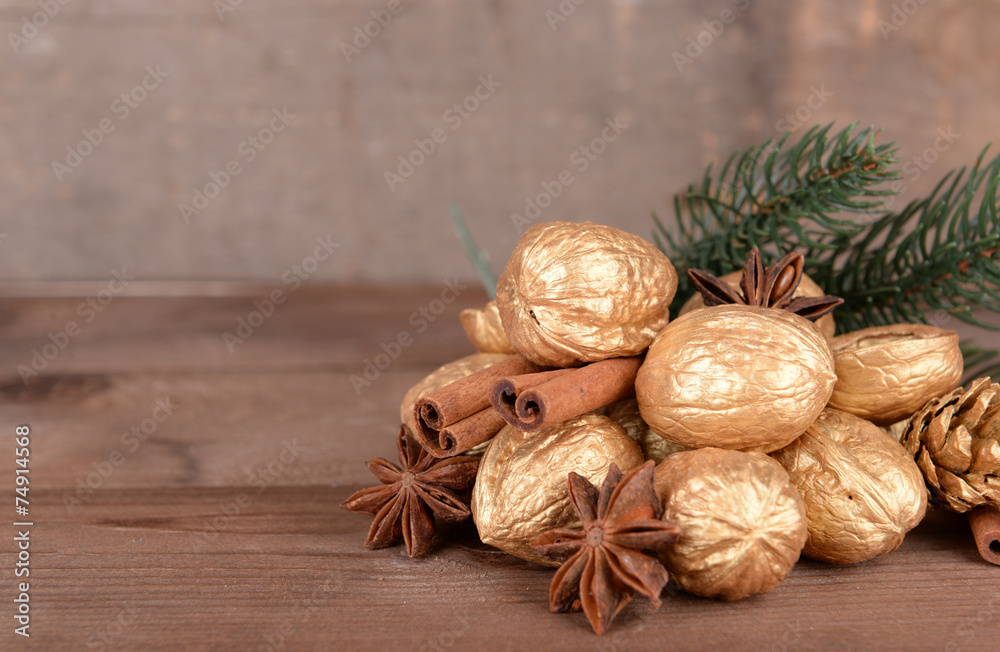 Beautiful Christmas composition with golden walnuts, Beautiful Christmas composition with golden walnuts,