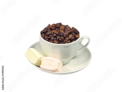 Coffee Beans in a Cup and Marshmallows on White  Close up