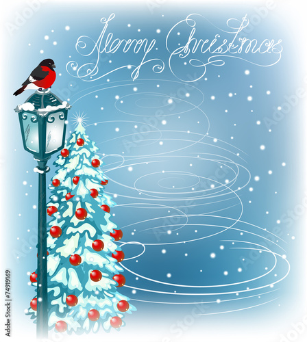 Christmas vintage streetlamps and fur trees