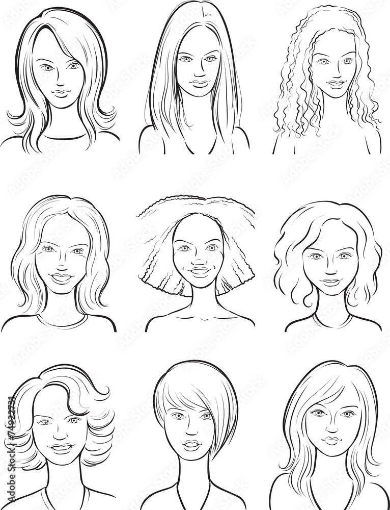 whiteboard drawing - beautiful women cartoon faces set Stock Vector | Adobe  Stock