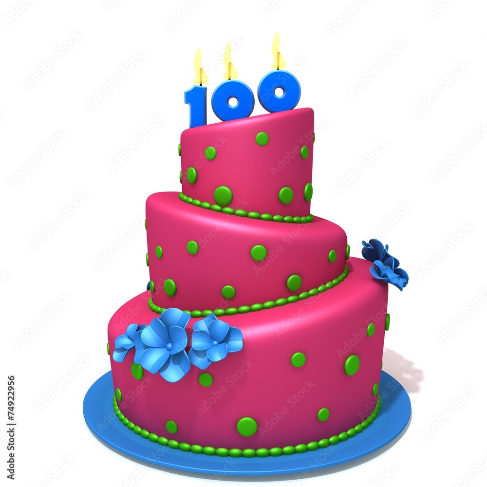 Birthday cake with number one hundred 3d illustration