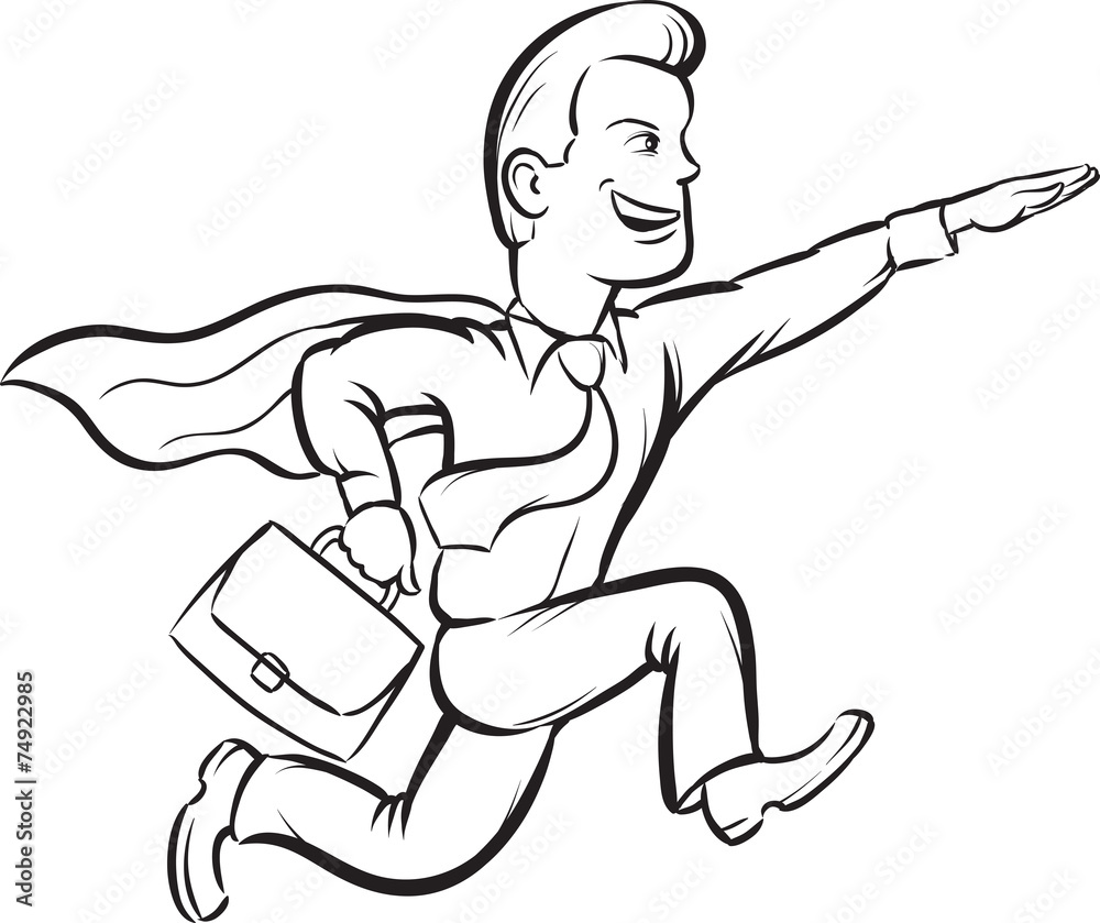 whiteboard drawing - businessman running like superman whiteboard drawing - businessman running like superman