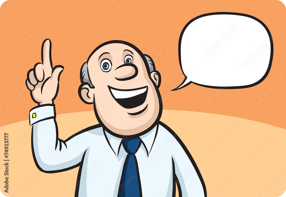 Cartoon bald businessman with speech bubble pointing finger