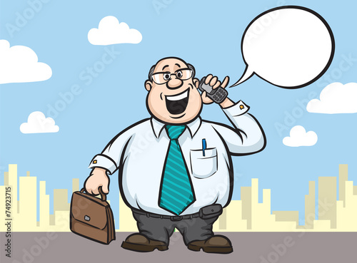 Cartoon fat businessman with cell phone and briefcase