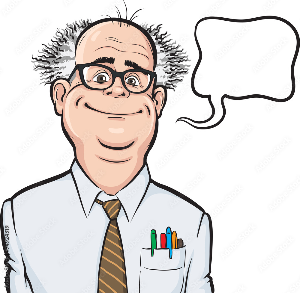 Cartoon smiling mad professor with speech bubble Cartoon smiling mad professor with speech bubble