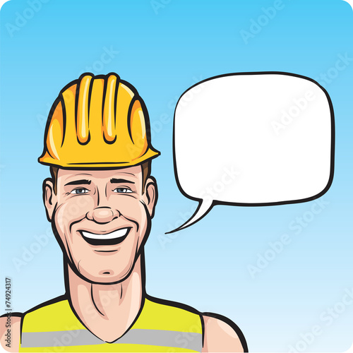 Cartoon smiling construction worker with speech bubble