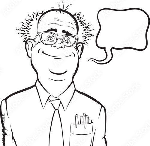 whiteboard drawing - cartoon smiling mad professor with speech b