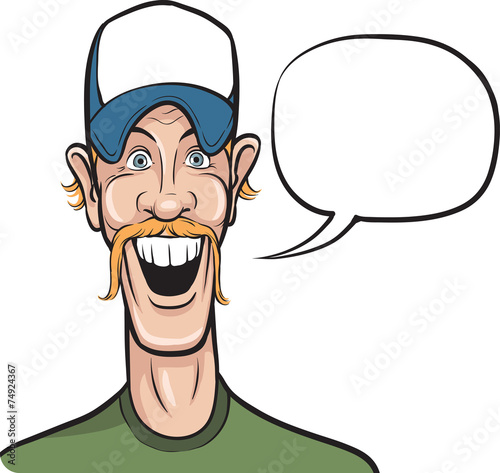 cartoon smiling man in baseball cap with speech bubble photo