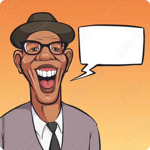 Cartoon laughing black man in hat with speech bubble