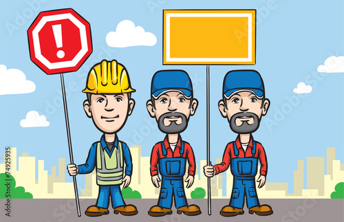 Three cartoon workers with signs