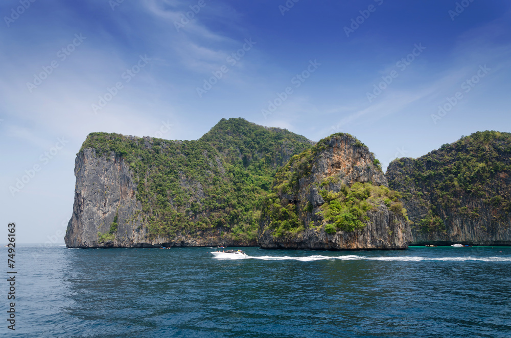 Tourist boat on ocean of Phang Nga National Park Tourist boat on ocean of Phang Nga National Park