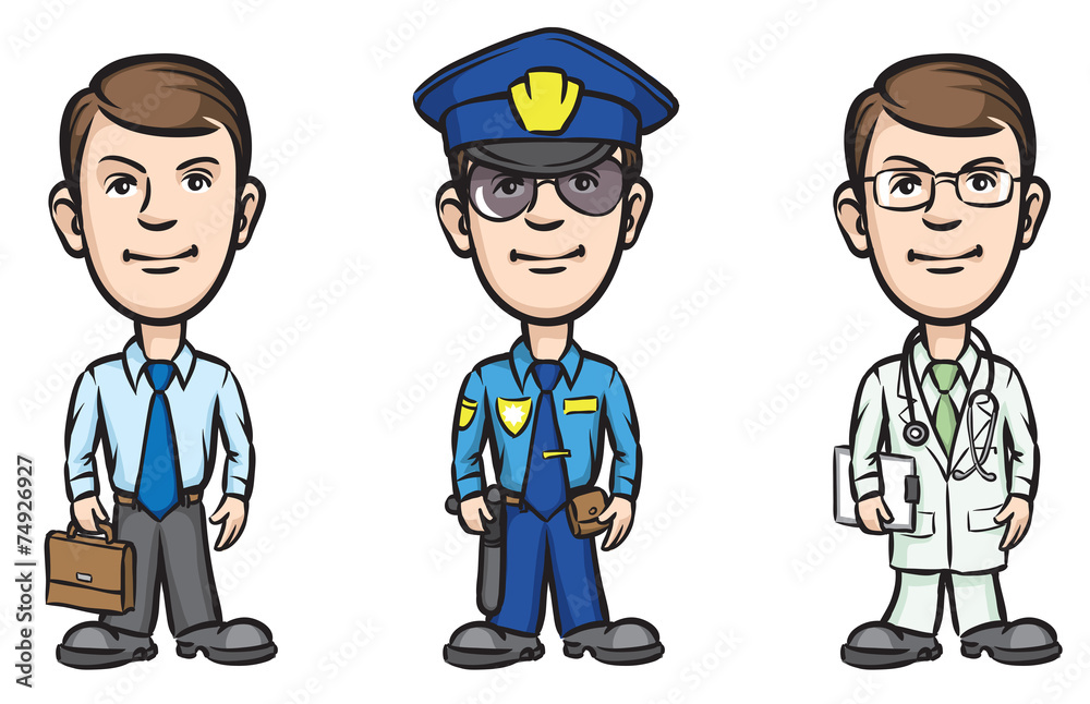 three cartoon professionals businessman policeman doctor three cartoon professionals businessman policeman doctor