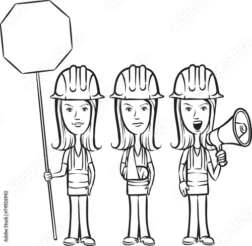 whiteboard drawing - three cartoon women workers with sign injur photo