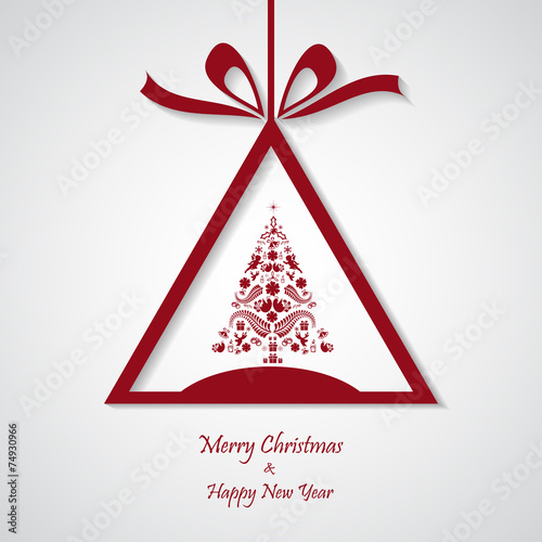 vector red christmas background with tree. cut paper design.