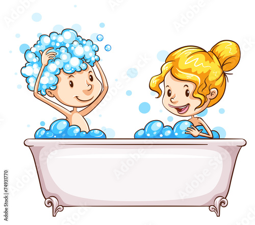 A girl and a boy at the bathtub