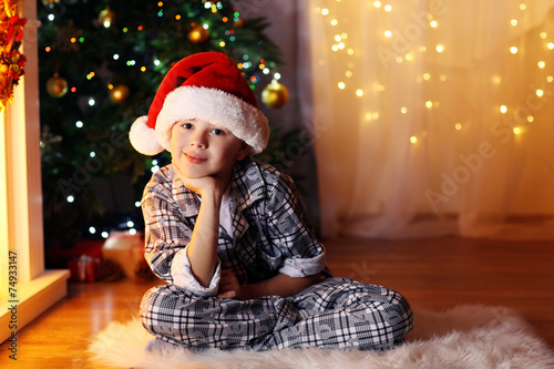 Little boy sitting near fir...