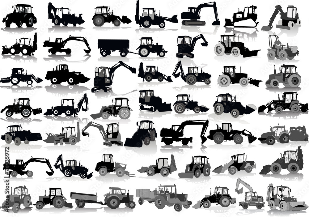 Set of 48 silhouettes of a tractors of road service Set of 48 silhouettes of a tractors of road service